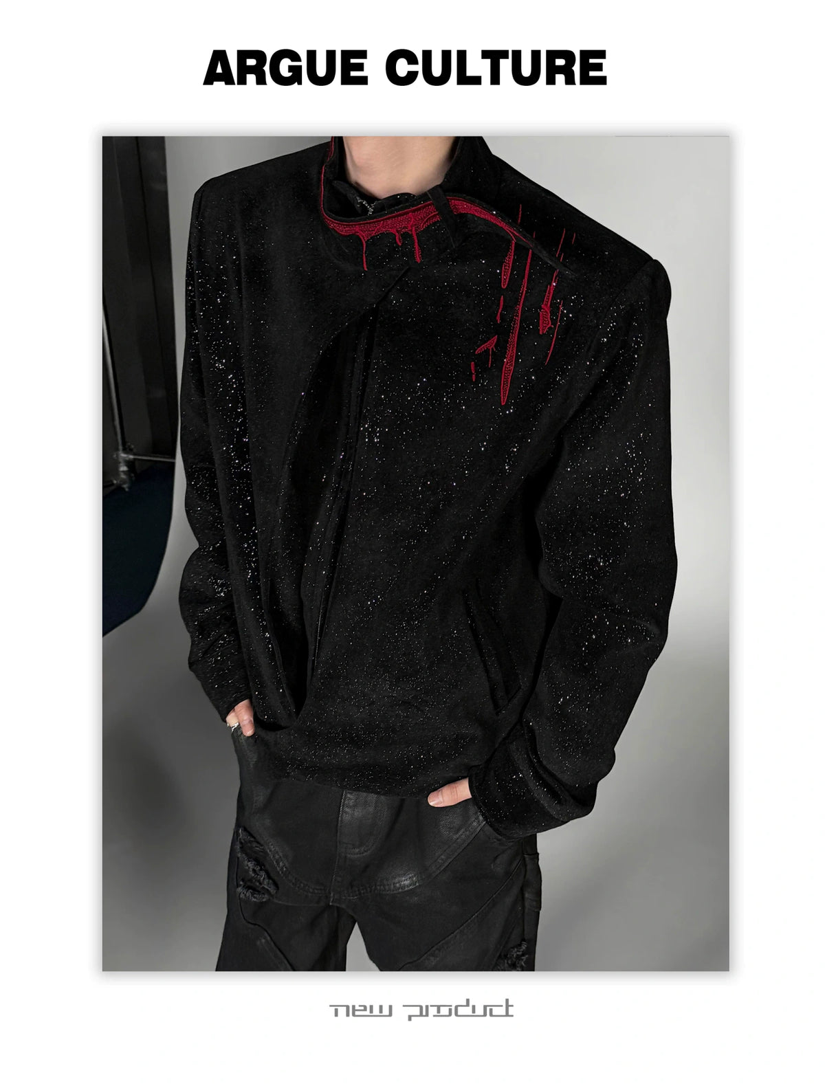 Black Stardust Suede Jacket, Stand Collar & Embroidery - detail image 5