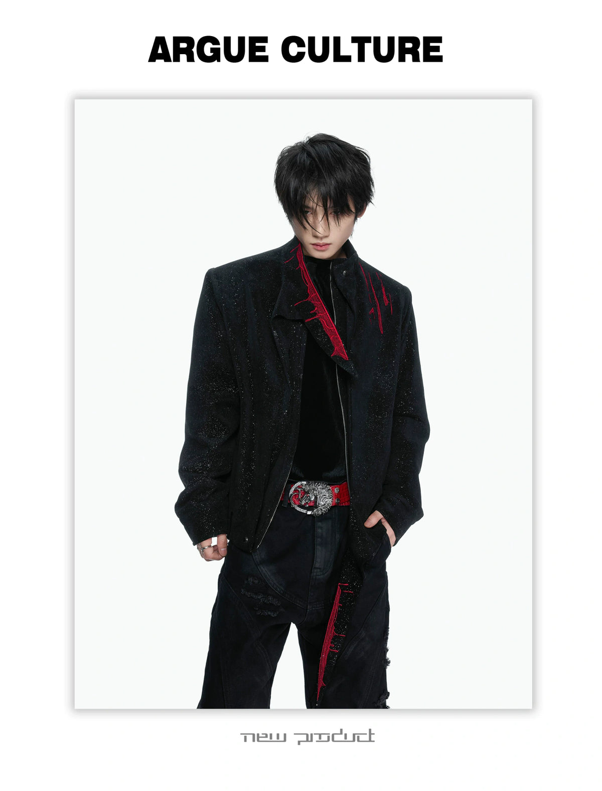Black Stardust Suede Jacket, Stand Collar & Embroidery - detail image 9