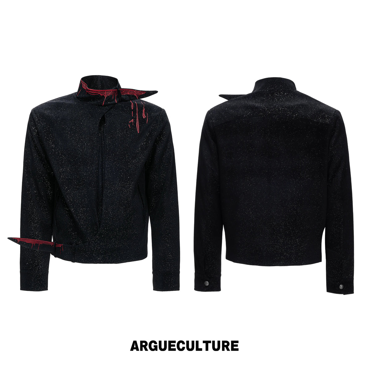Black Stardust Suede Jacket, Stand Collar & Embroidery - Black