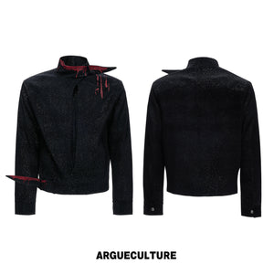 Black Stardust Suede Jacket, Stand Collar & Embroidery - Black