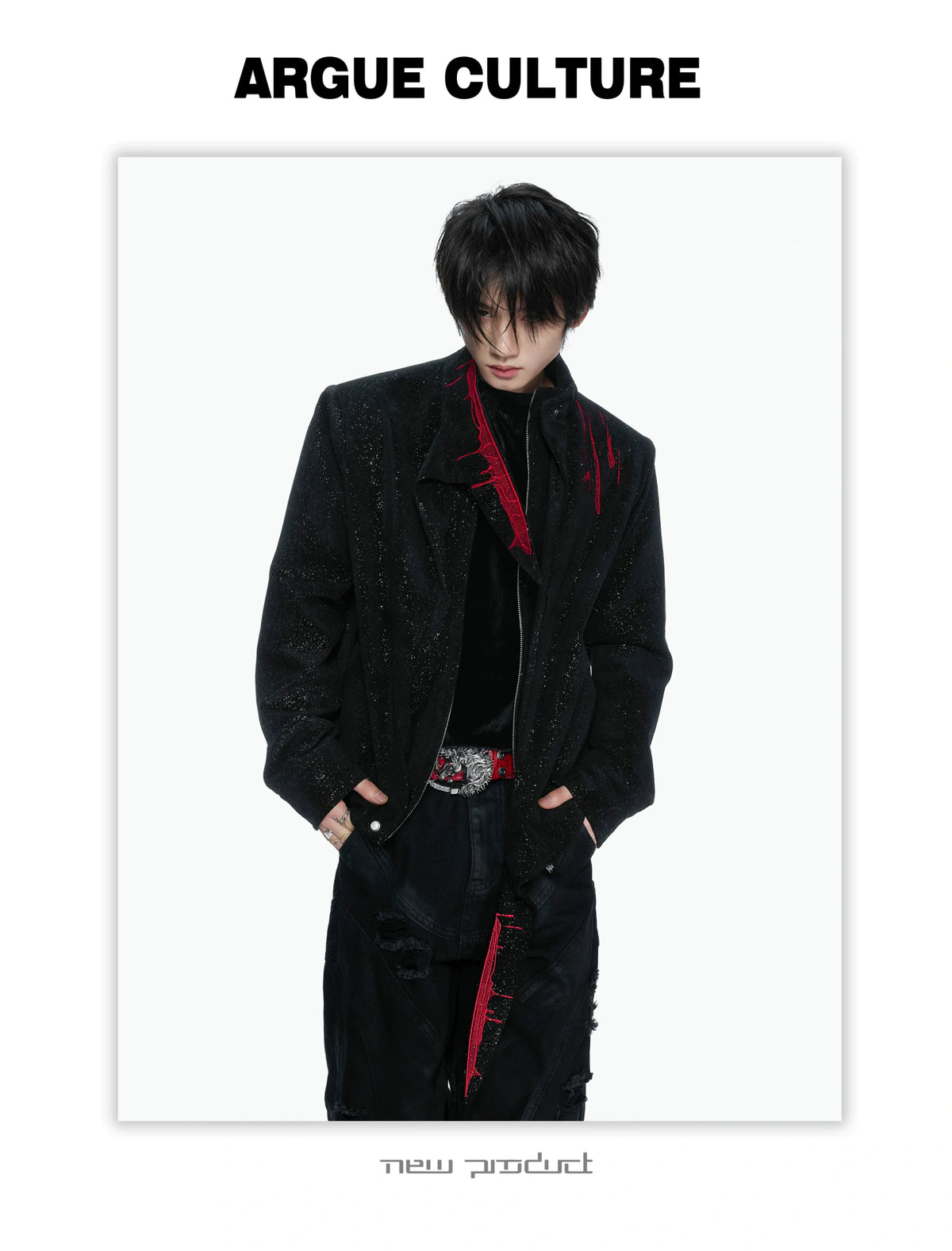 Black Stardust Suede Jacket, Stand Collar & Embroidery - detail image 6