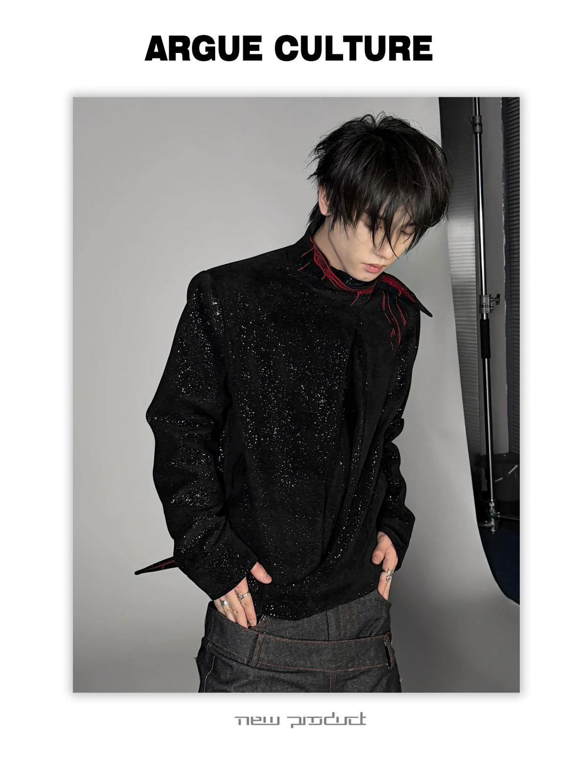 Black Stardust Suede Jacket, Stand Collar & Embroidery - detail image 4
