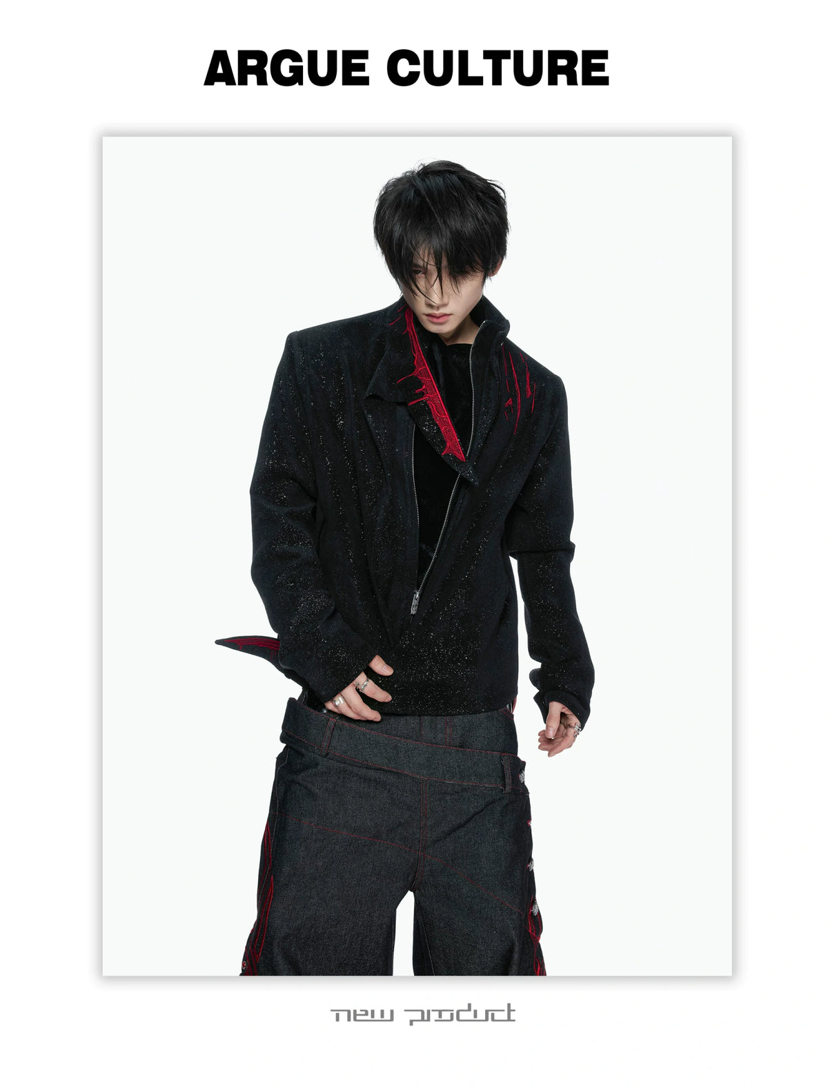 Black Stardust Suede Jacket, Stand Collar & Embroidery - detail image 1