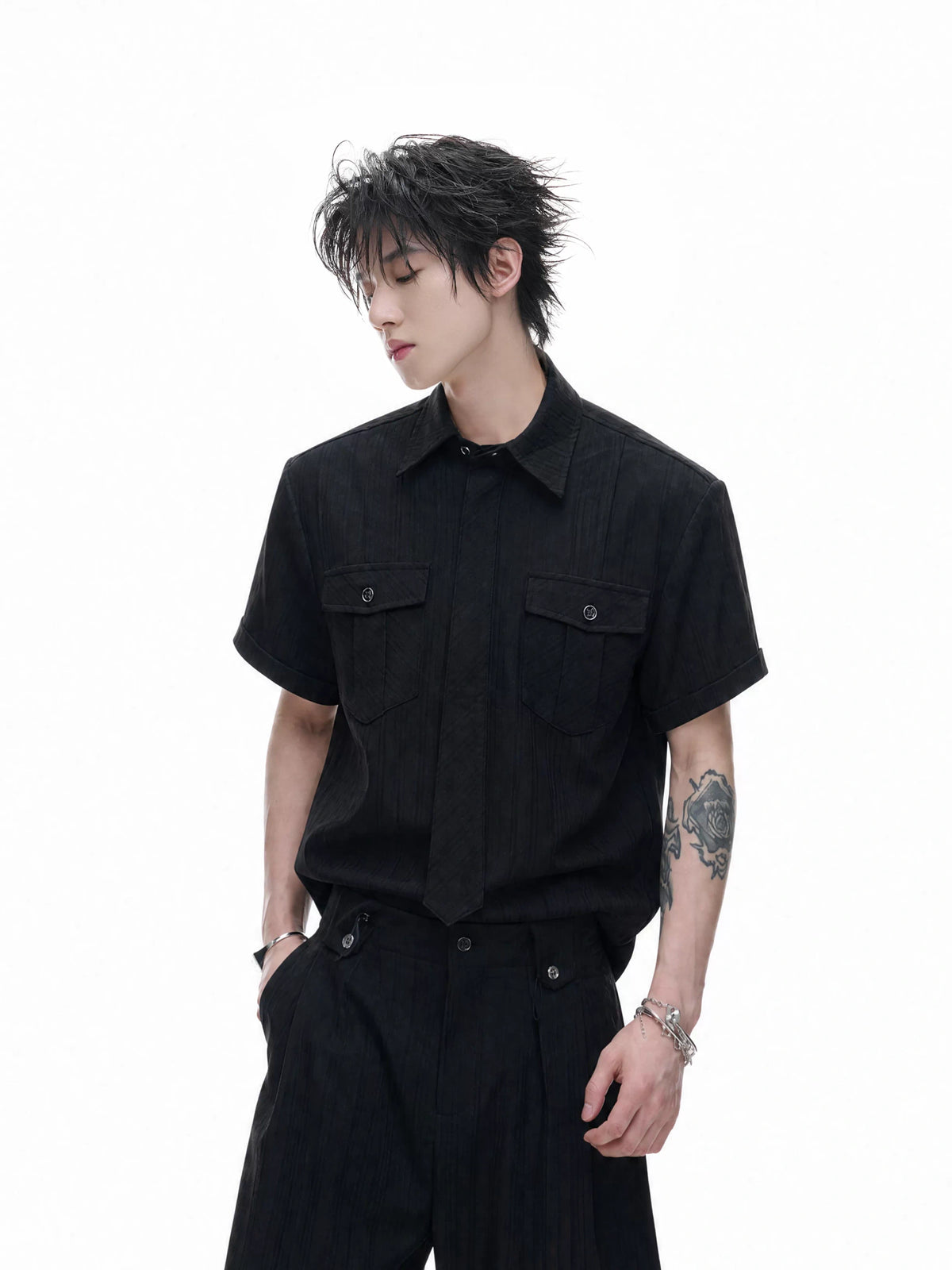 Black Tie-Detail Shirt & Pleated Wide-Leg Pants - main image 3