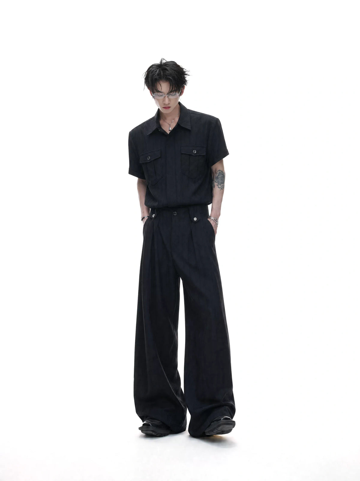 Black Tie-Detail Shirt & Pleated Wide-Leg Pants - main image 1