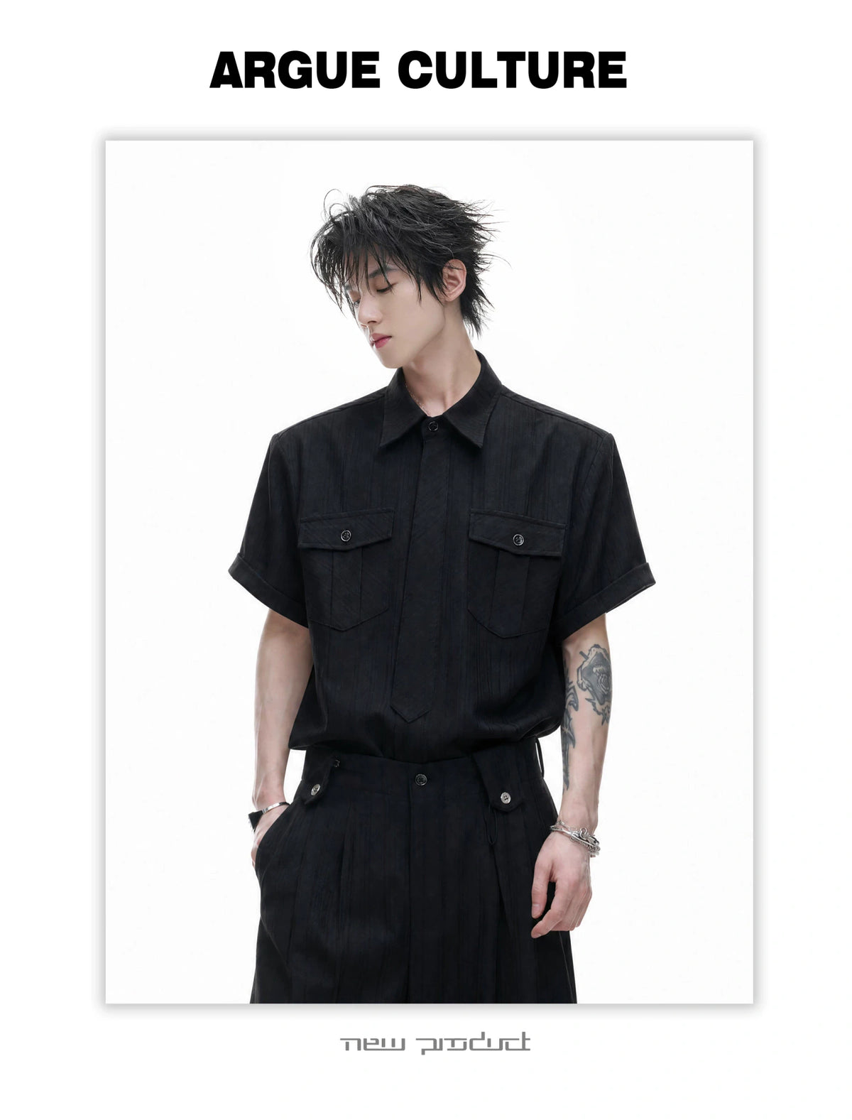 Black Tie-Detail Shirt & Pleated Wide-Leg Pants - detail image 5