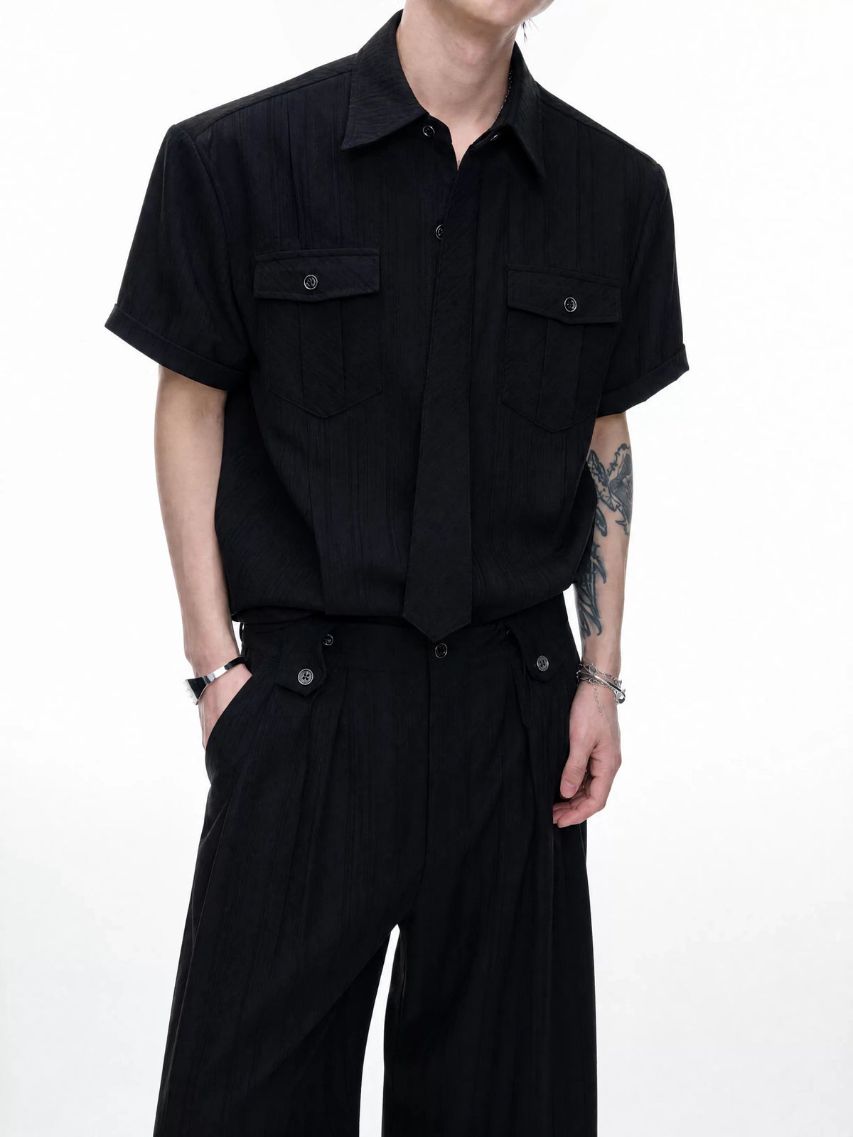 Black Tie-Detail Shirt & Pleated Wide-Leg Pants - main image 4