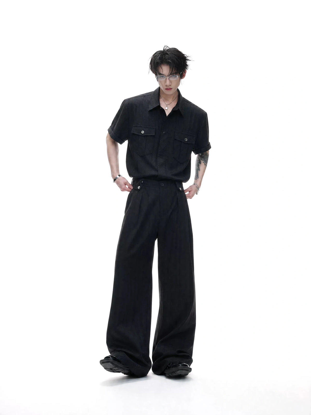 Black Tie-Detail Shirt & Pleated Wide-Leg Pants - main image 2