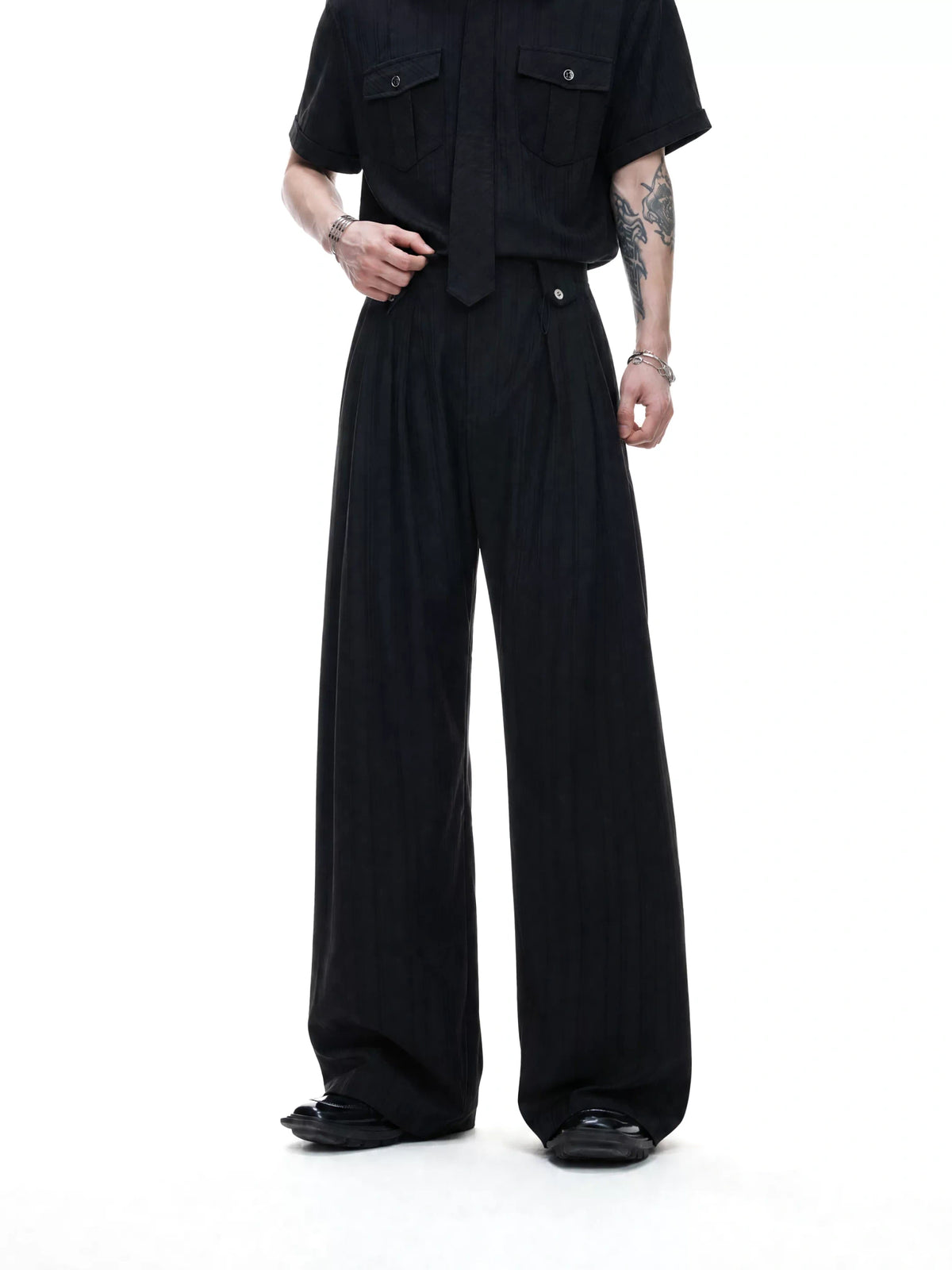 Black Tie-Detail Shirt & Pleated Wide-Leg Pants - main image 5