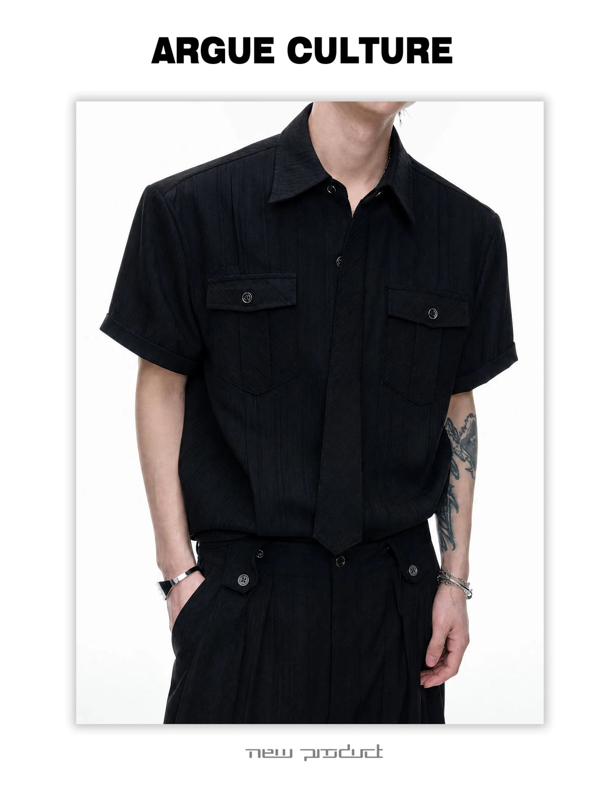 Black Tie-Detail Shirt & Pleated Wide-Leg Pants - detail image 3