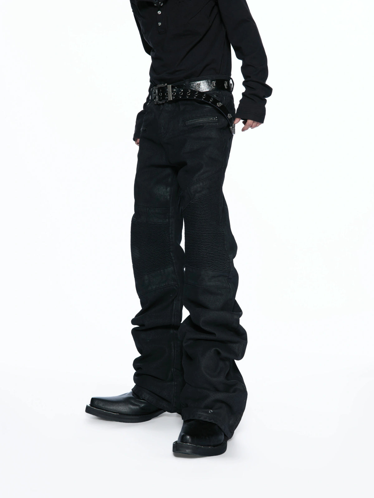 Black Waxed Multi-Zip Biker Jeans with Knee Panels - main image 5
