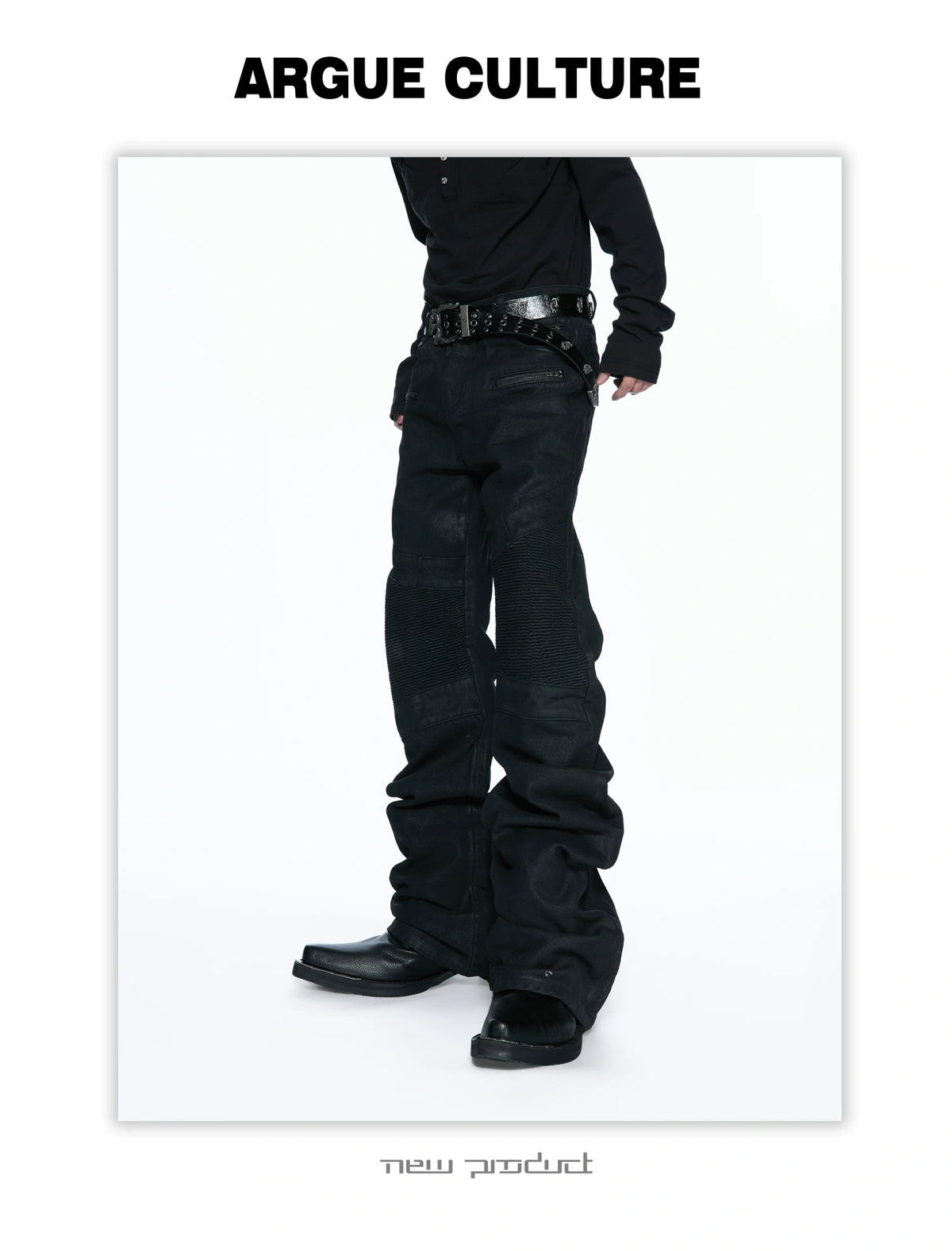 Black Waxed Multi-Zip Biker Jeans with Knee Panels - detail image 5