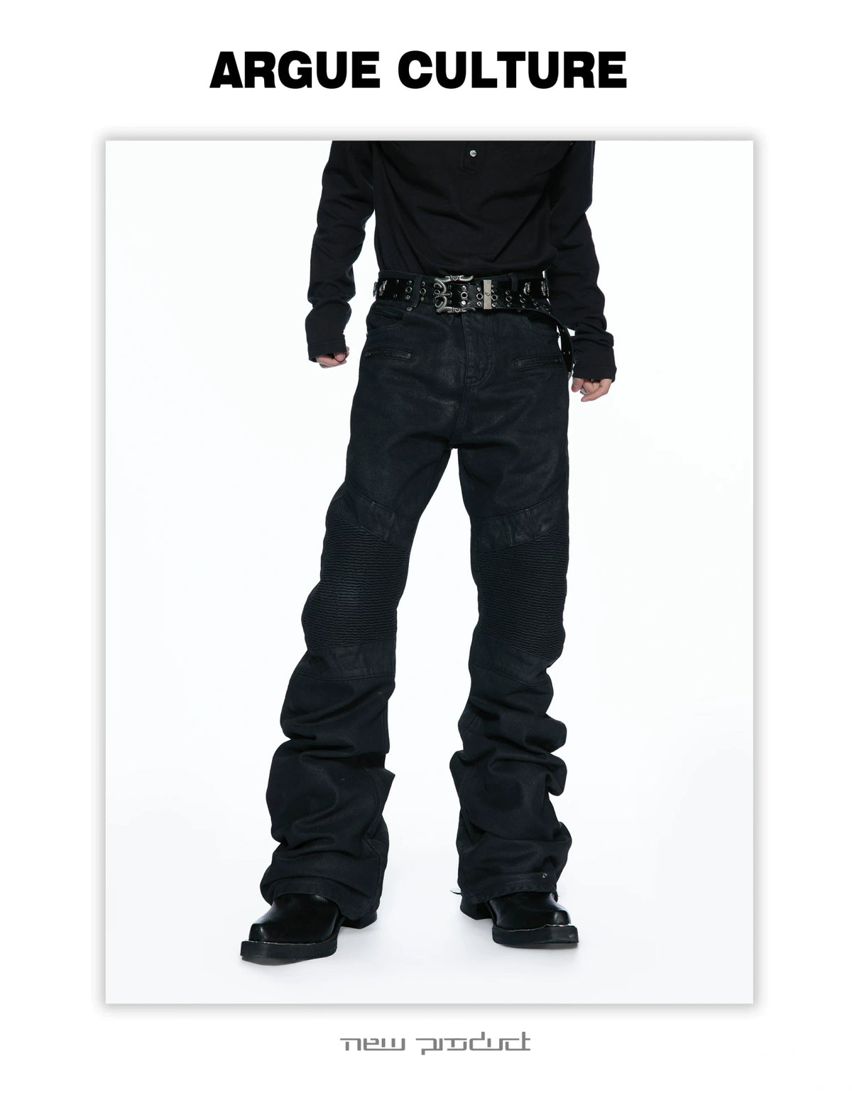 Black Waxed Multi-Zip Biker Jeans with Knee Panels - detail image 6