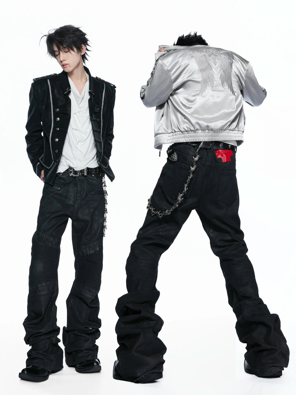 Black Waxed Multi-Zip Biker Jeans with Knee Panels - main image 4