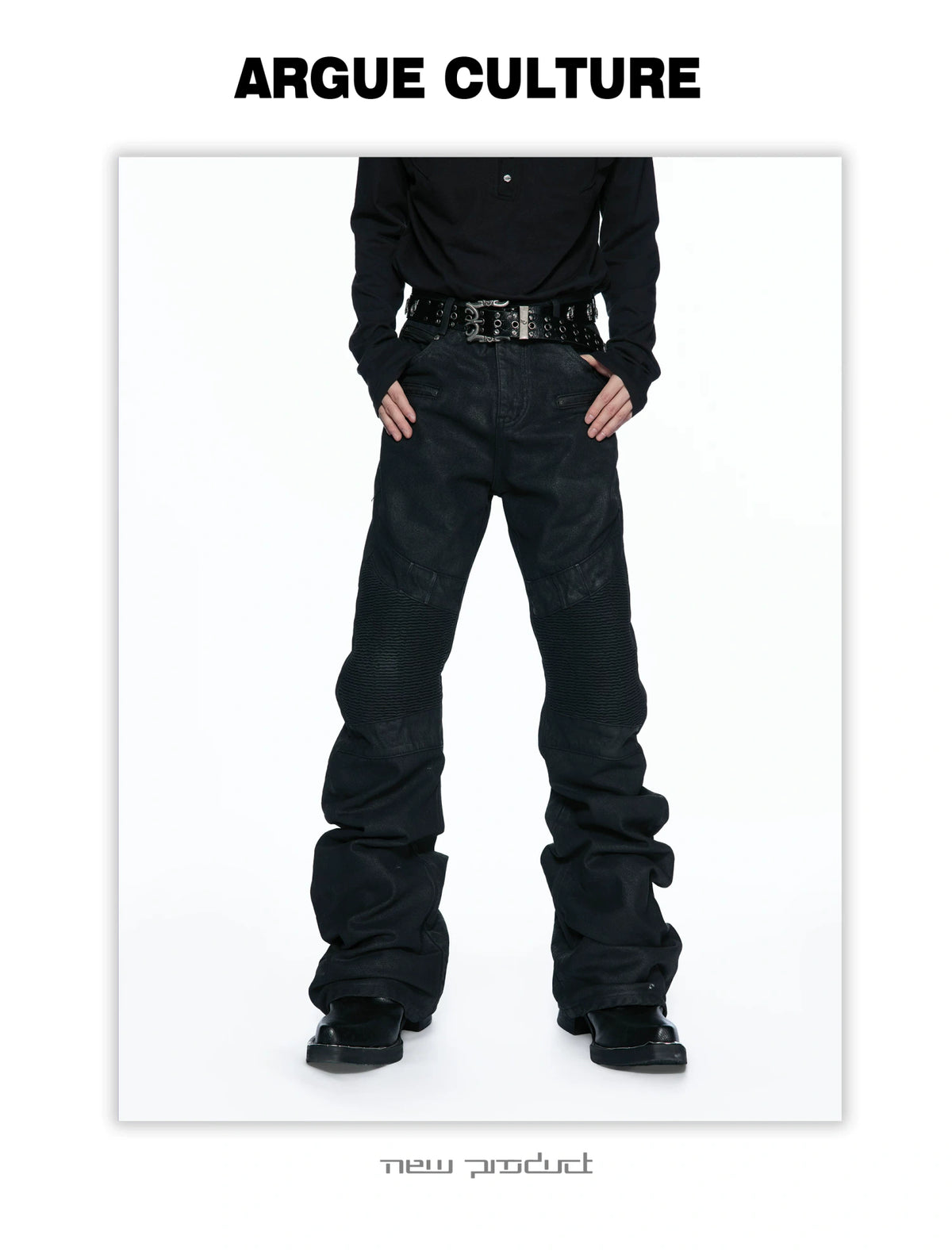 Black Waxed Multi-Zip Biker Jeans with Knee Panels - detail image 4