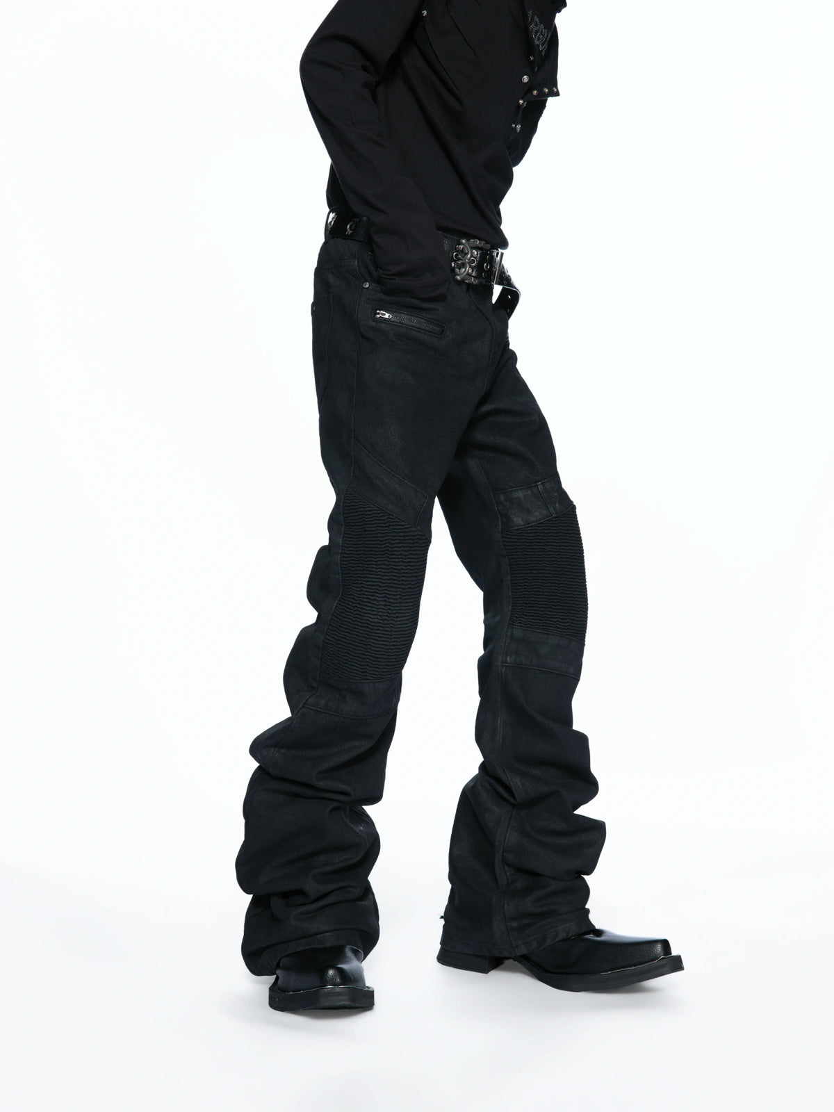 Black Waxed Multi-Zip Biker Jeans with Knee Panels - main image 1