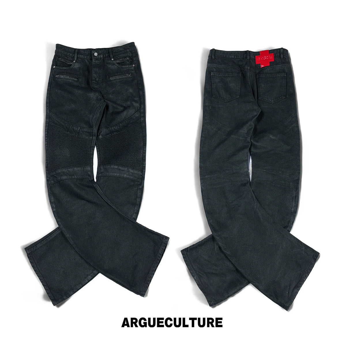 Black Waxed Multi-Zip Biker Jeans with Knee Panels - Waxed Black