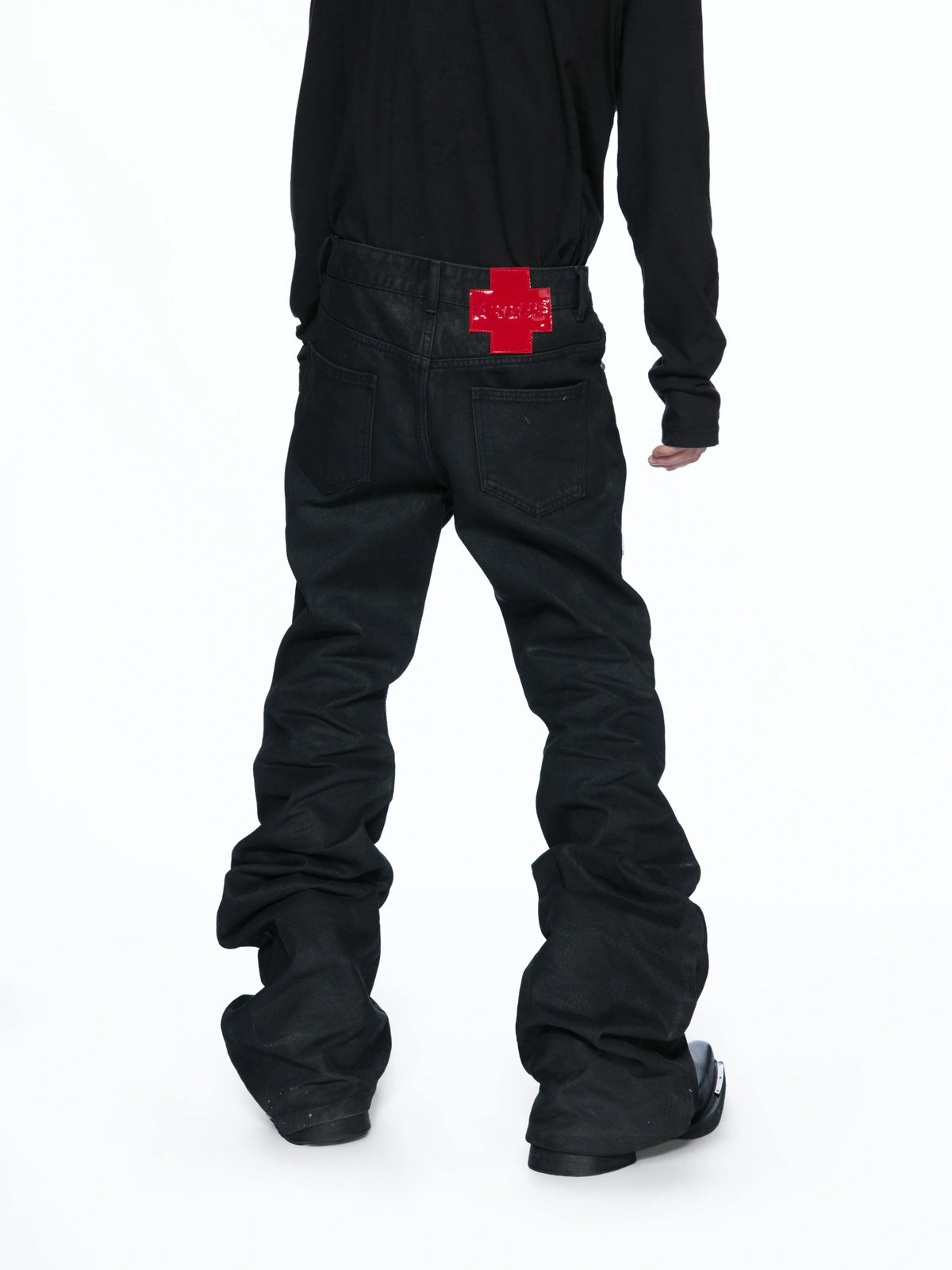 Black Waxed Multi-Zip Biker Jeans with Knee Panels - main image 2