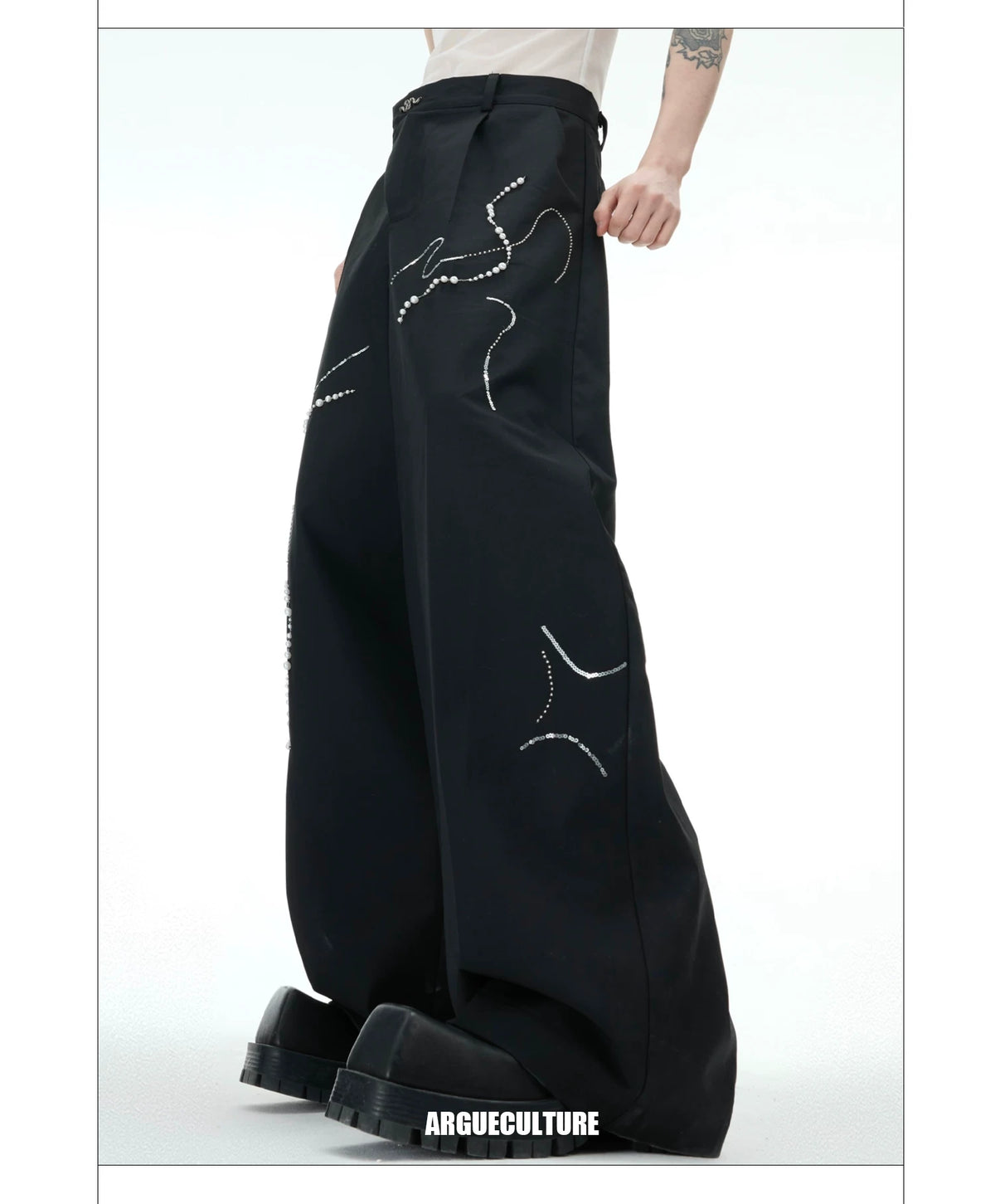Black Wide-Leg Trousers with Pearl Chain Snake Detail - detail image 11