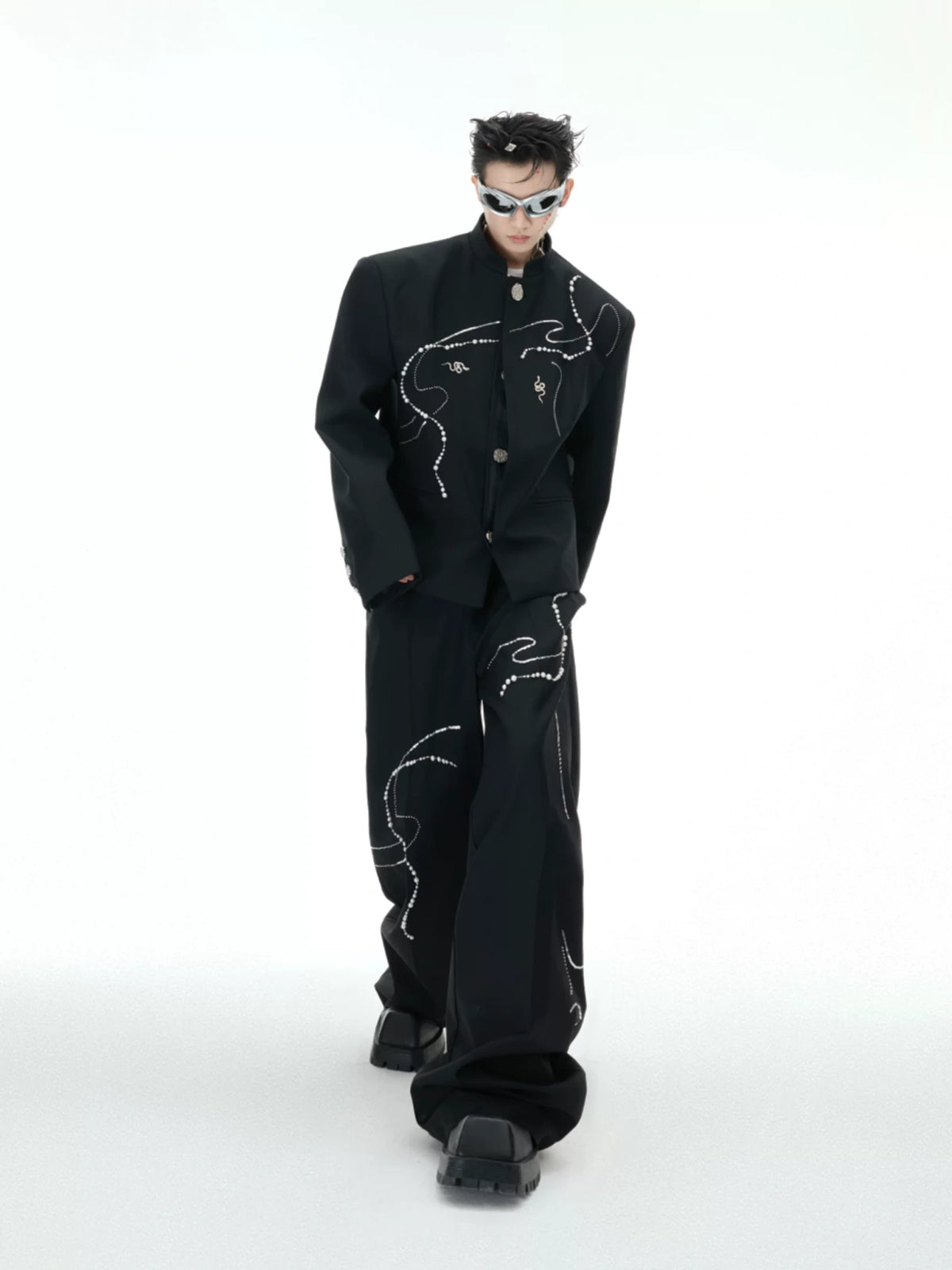 Black Wide-Leg Trousers with Pearl Chain Snake Detail - main image 5