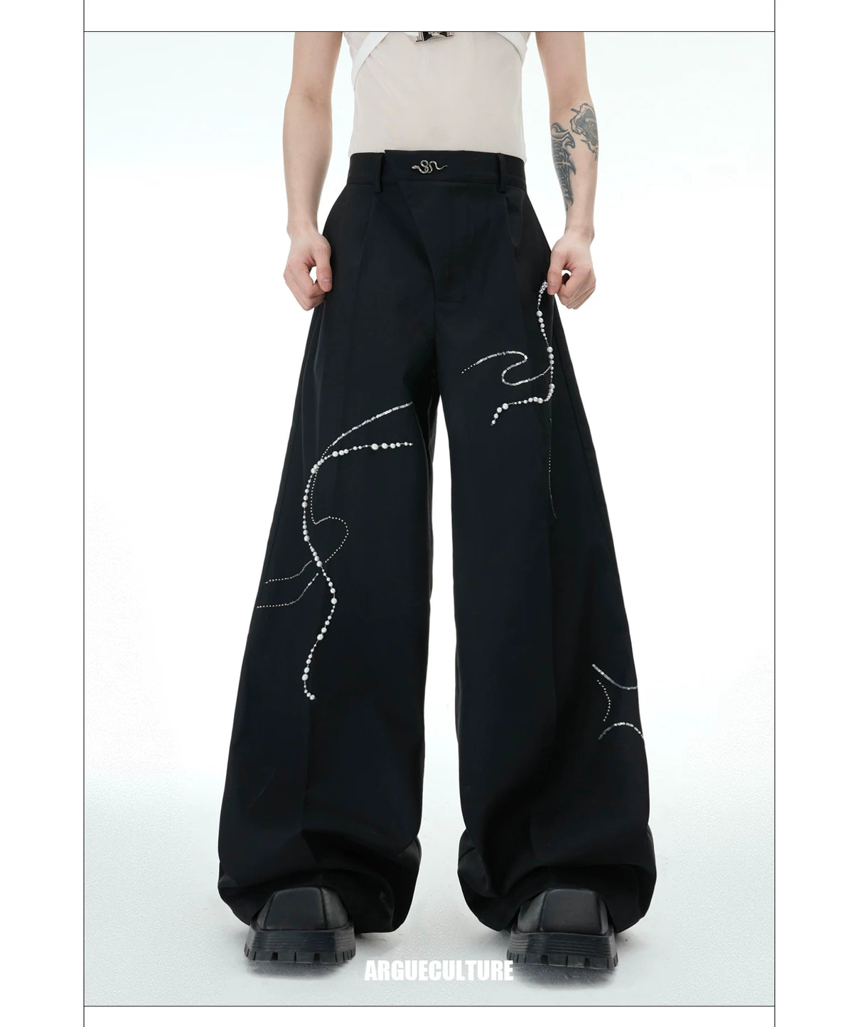 Black Wide-Leg Trousers with Pearl Chain Snake Detail - detail image 9