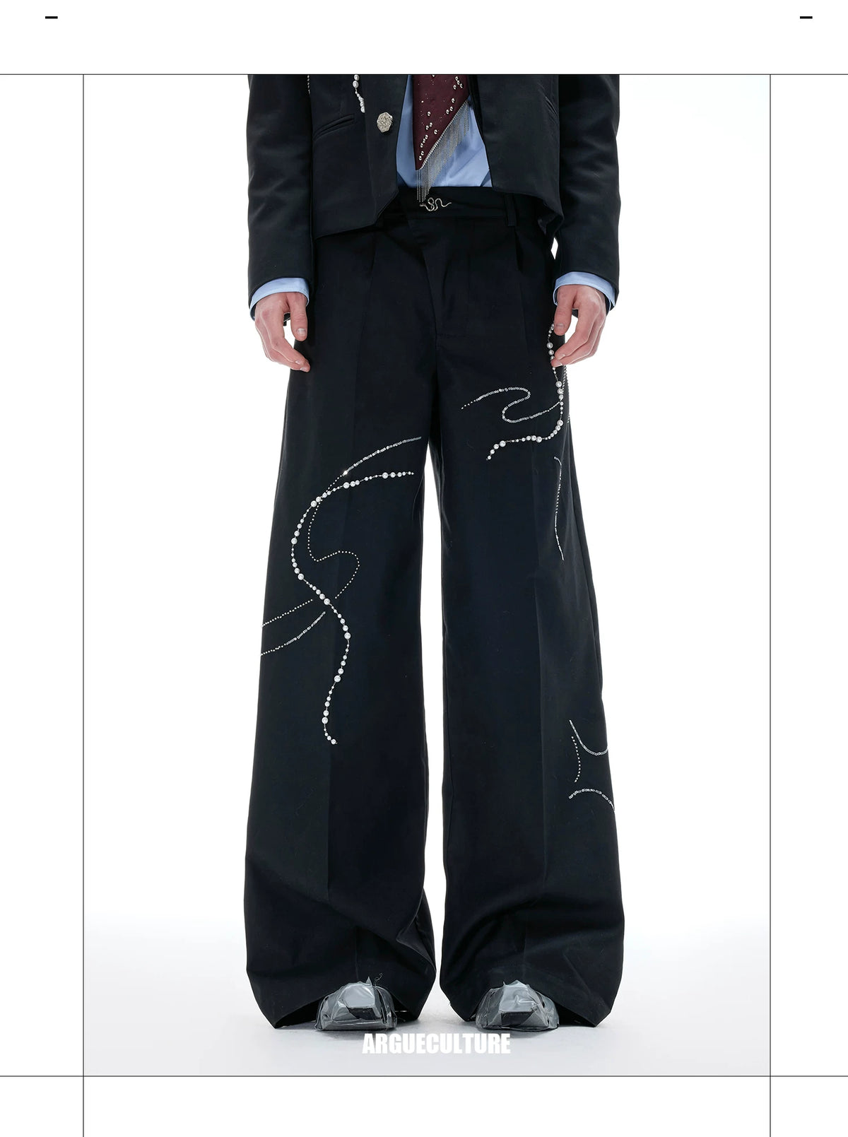 Black Wide-Leg Trousers with Pearl Chain Snake Detail - detail image 5