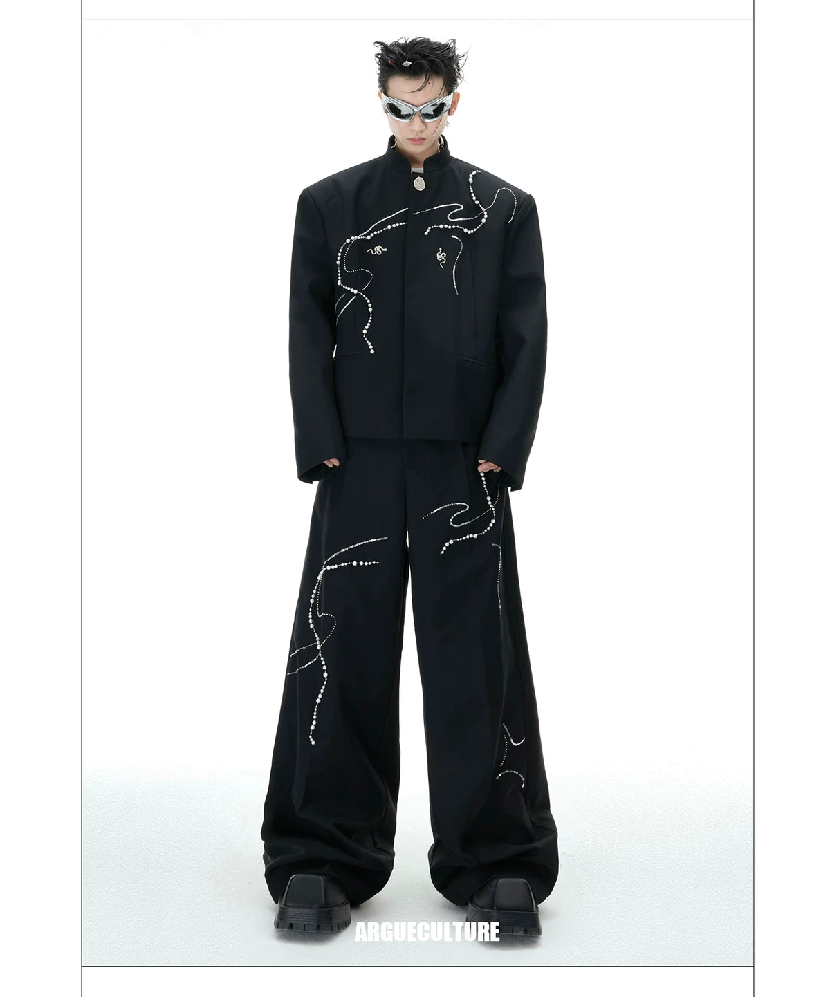 Black Wide-Leg Trousers with Pearl Chain Snake Detail - detail image 12