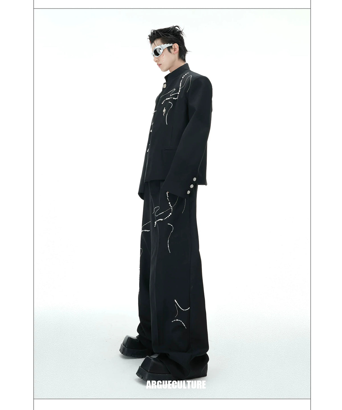 Black Wide-Leg Trousers with Pearl Chain Snake Detail - detail image 13