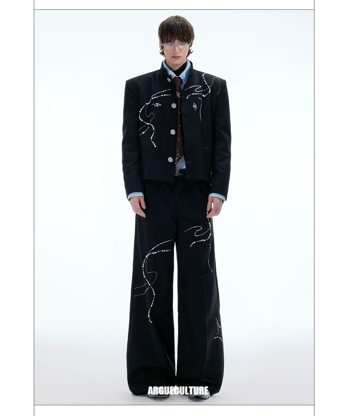 Black Wide-Leg Trousers with Pearl Chain Snake Detail - detail image 7