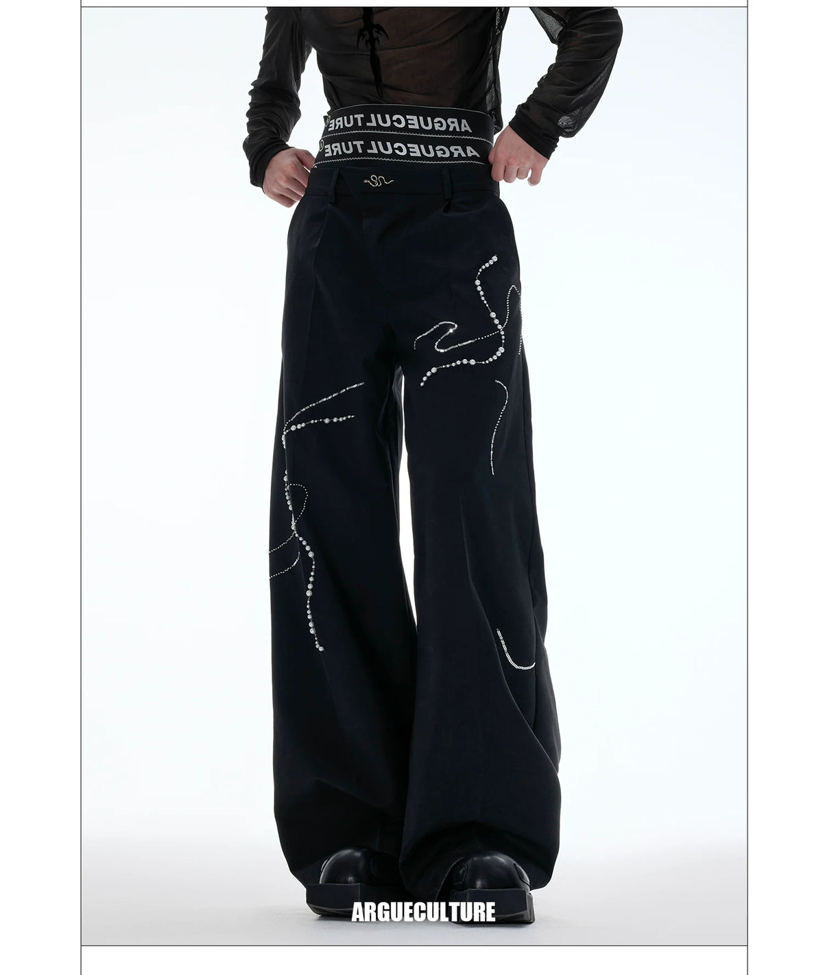 Black Wide-Leg Trousers with Pearl Chain Snake Detail - detail image 6