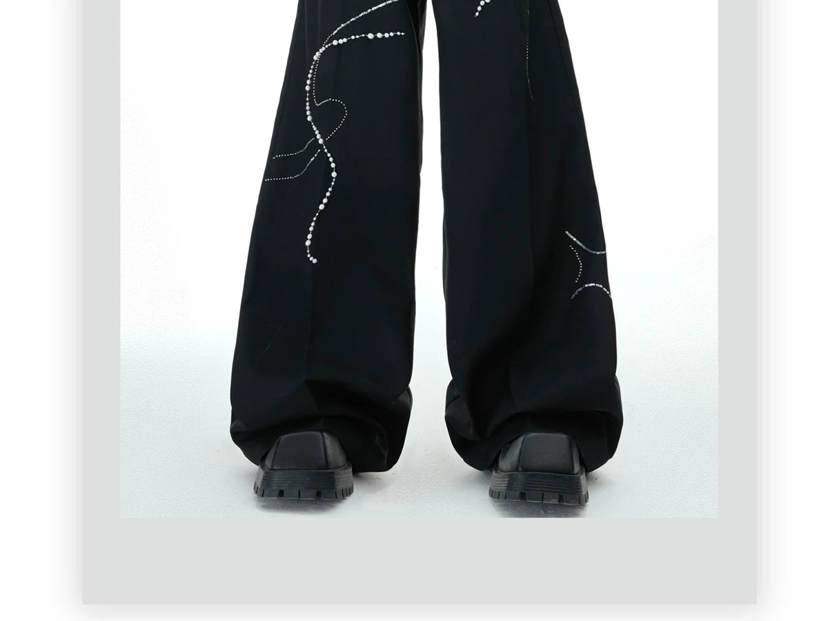 Black Wide-Leg Trousers with Pearl Chain Snake Detail - detail image 2