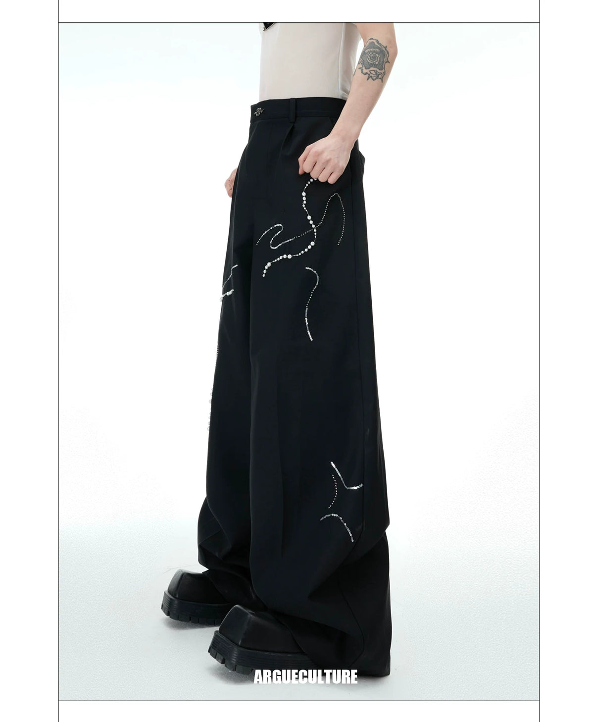 Black Wide-Leg Trousers with Pearl Chain Snake Detail - detail image 10