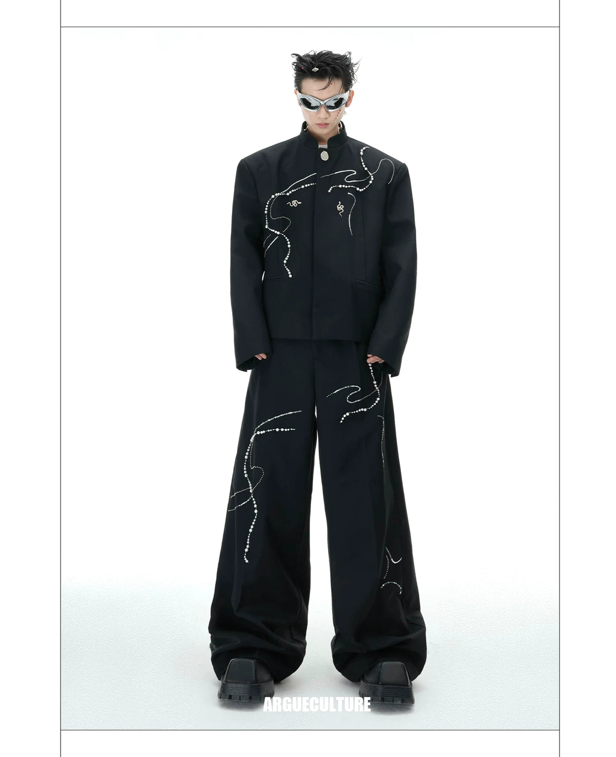 Black Wide-Leg Trousers with Pearl Chain Snake Detail - detail image 16