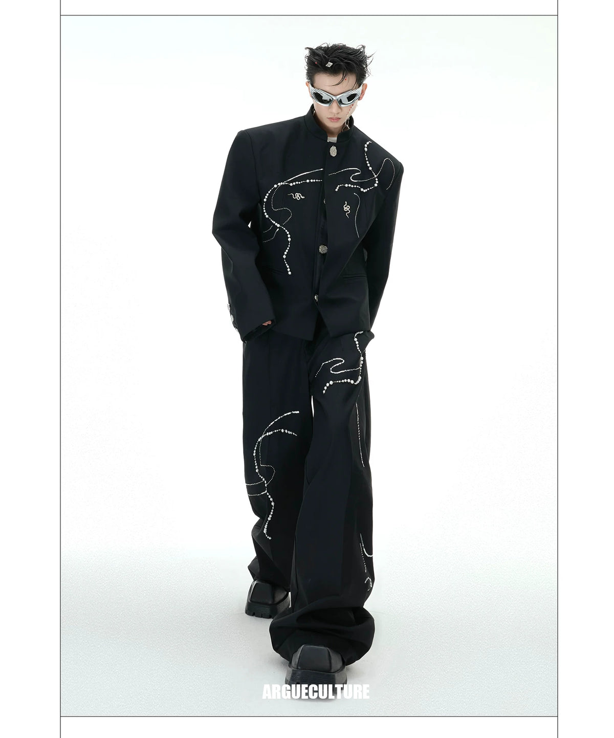 Black Wide-Leg Trousers with Pearl Chain Snake Detail - detail image 14