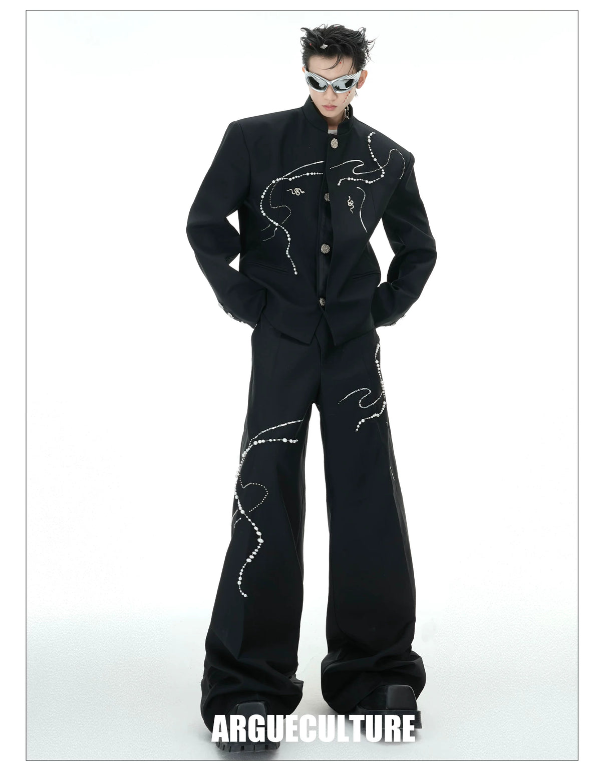 Black Wide-Leg Trousers with Pearl Chain Snake Detail - detail image 4