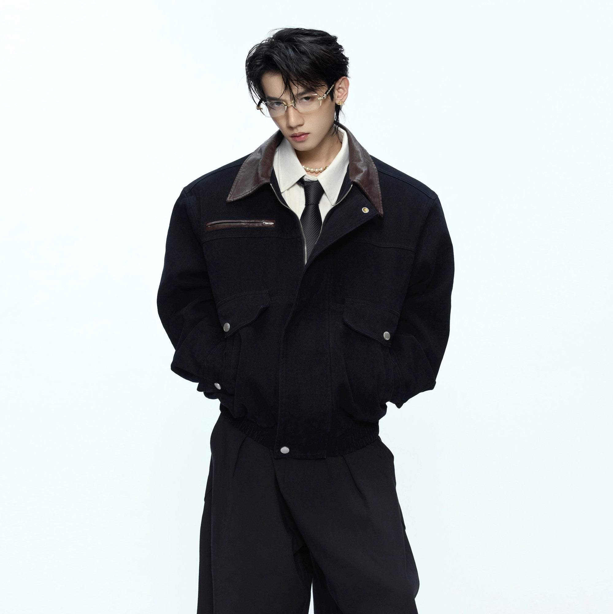 Front view of a structured unisex workwear jacket with contrast collar