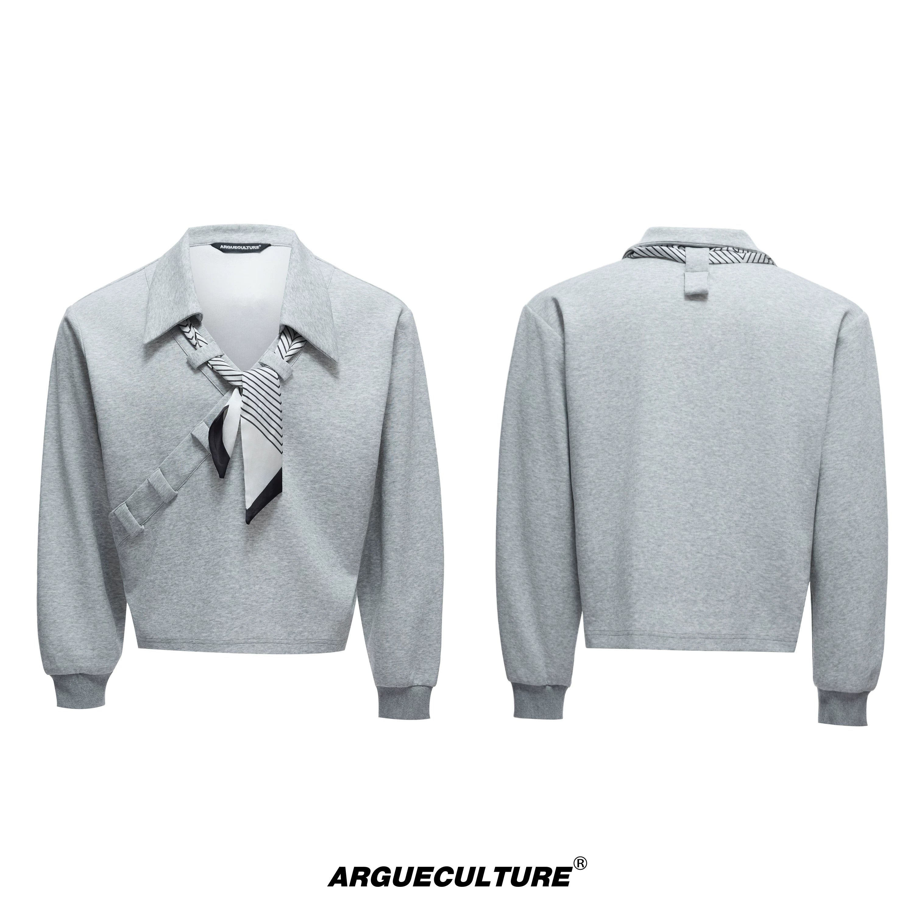 boxy-v-neck-polo-sweatshirt-with-detachable-scarf-gray