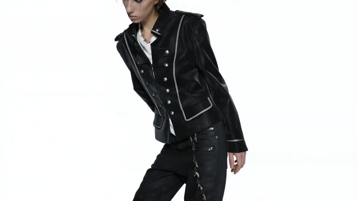 Model wearing a fitted black leather jacket