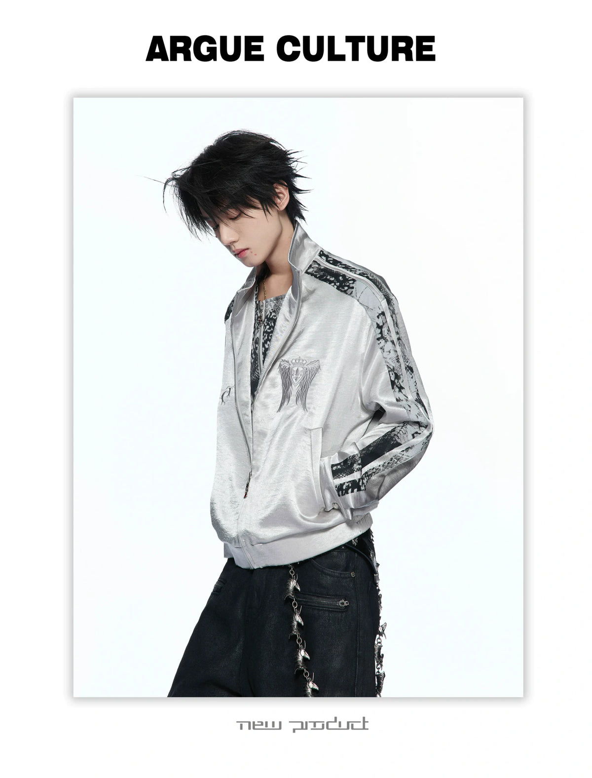 Broken Wing Satin Stand-Collar Streetwear Jacket - detail image 3