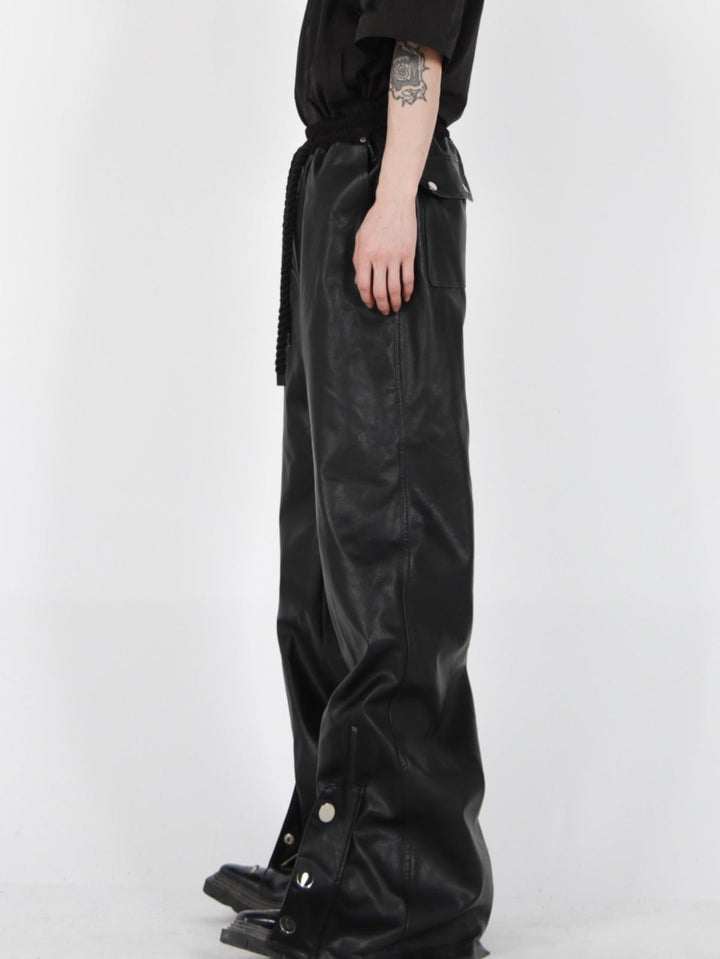 Button - Zip Faux Leather Pants with Thick Rope | Steatwear Trousers - ArguE CulturE