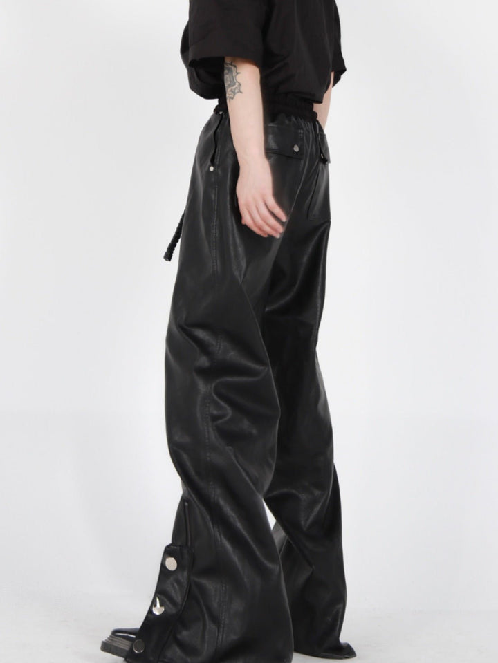 Button - Zip Faux Leather Pants with Thick Rope | Steatwear Trousers - ArguE CulturE