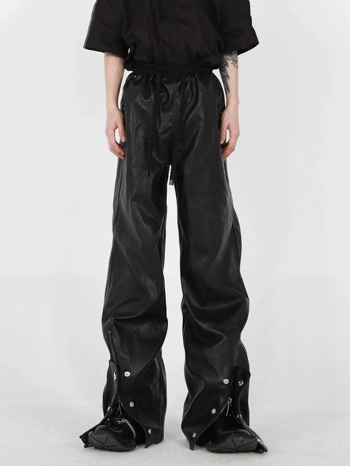 Button - Zip Faux Leather Pants with Thick Rope | Steatwear Trousers - ArguE CulturE