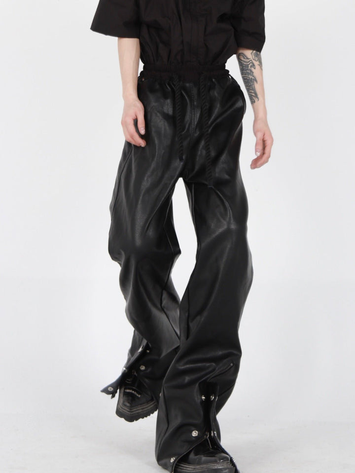 Button - Zip Faux Leather Pants with Thick Rope | Steatwear Trousers - ArguE CulturE