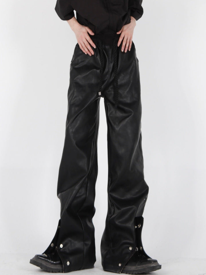 Button - Zip Faux Leather Pants with Thick Rope | Steatwear Trousers - ArguE CulturE