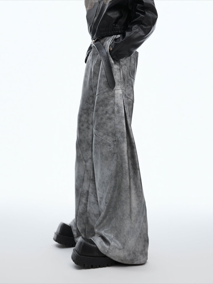 Avant-Garde Silver Wide-Leg Pants with Segmented Lines and Distressed Texture - ArgueCulture