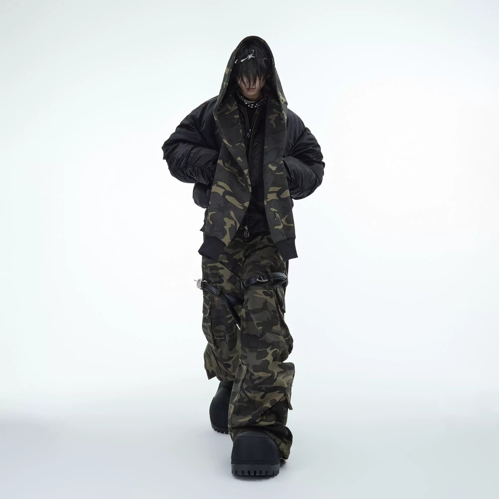 Close up of the unique camo patchwork hooded scarf design