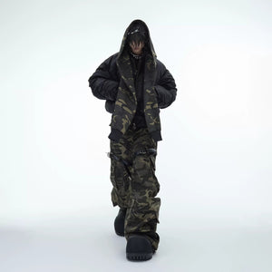 Close up of the unique camo patchwork hooded scarf design