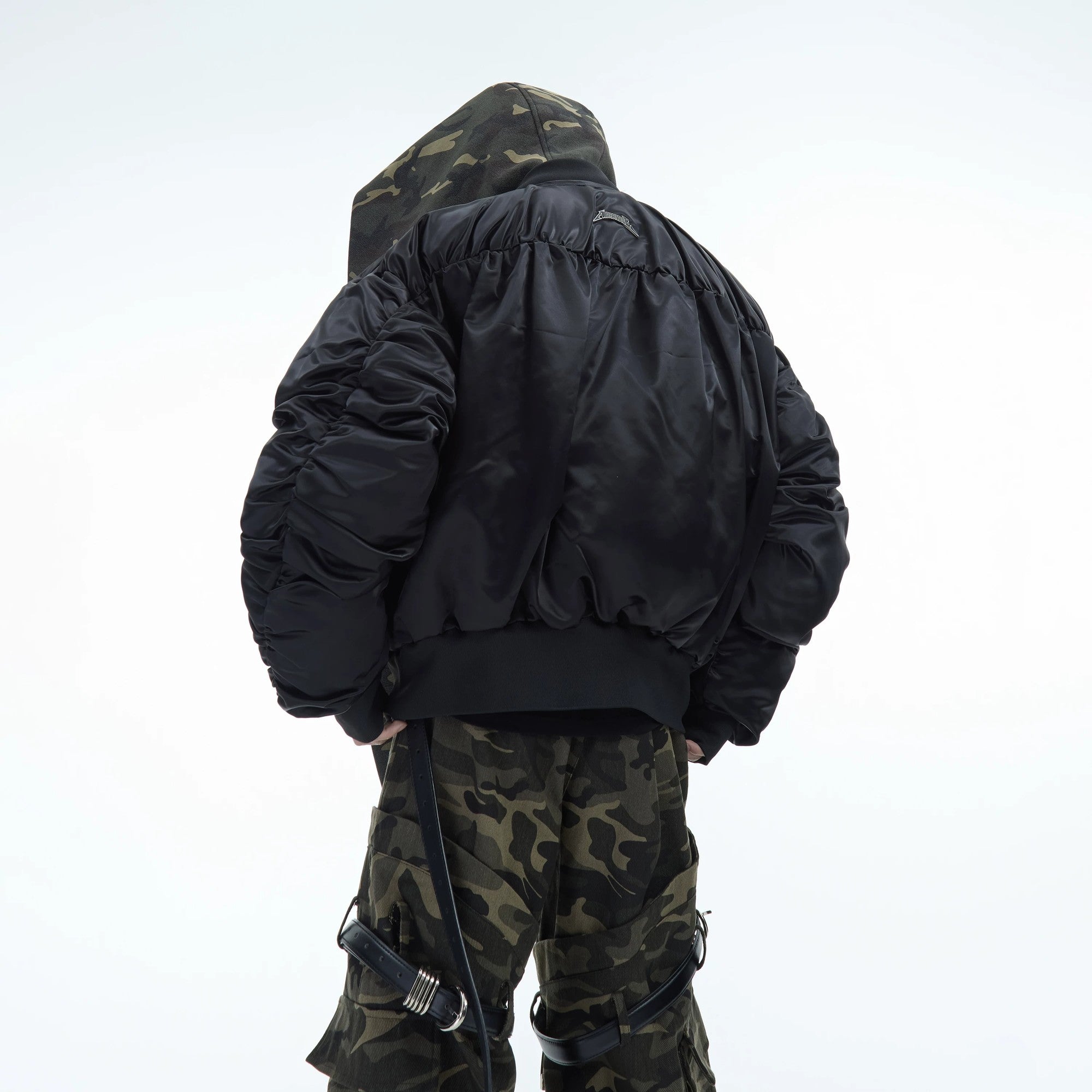 Detail shot of the 3D pleated sleeve design on the winter jacket