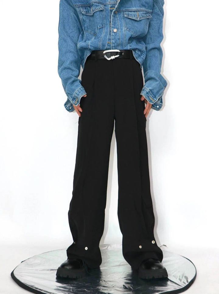 Casual Wide Leg Suit Trousers with Unique Metal Button Detailing - ArguE CulturE