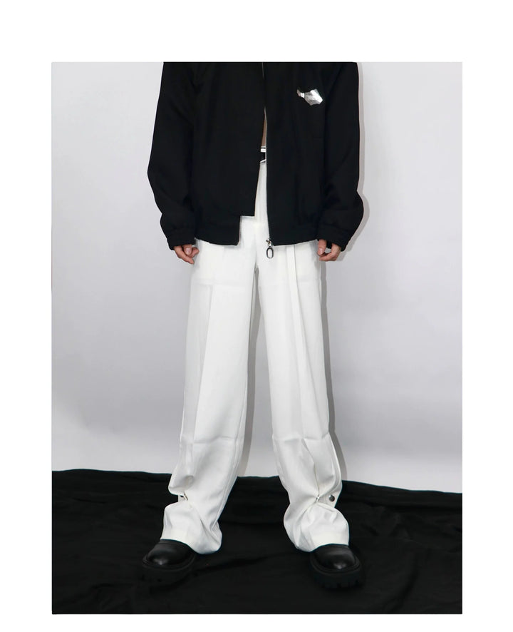 Casual Wide Leg Suit Trousers with Unique Metal Button Detailing - ArguE CulturE